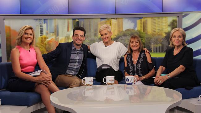 Studio 10 co-host Sarah Harris with former panellists Joe Hildebrand, Jessica Rowe, Denise Drysdale and Ita Buttrose. Rowe quit the show in 2018 after five years.