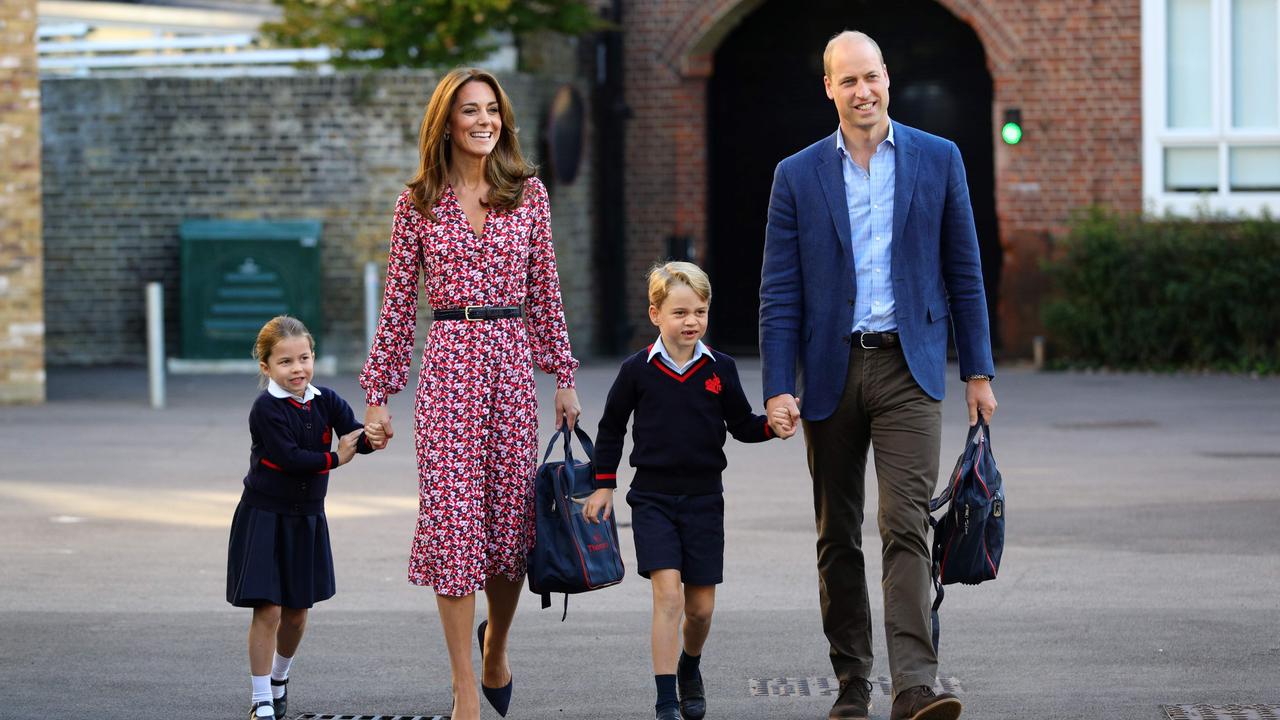 Princess Charlotte arrives for her first day of school with her parents Kate, the Duchess of Cambridge, and Prince William, the Duke of Cambridge, and brother Prince George. Picture: Aaron Chown / AFP