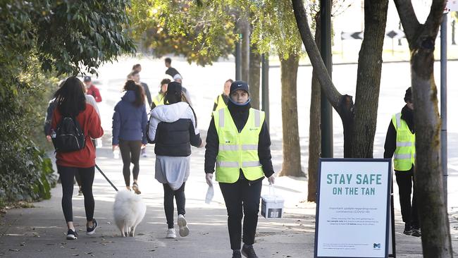 Melbourne Girls’ Grammar boarding students have been walking around The Tan during their one hour of exercise time each day. Picture: David Caird