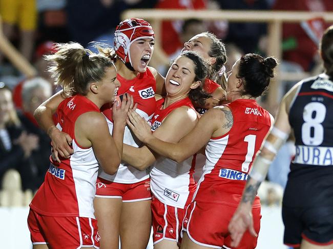 Cynthia Hamilton celebrates a goal at North Sydney Oval last year. Picture: Phil Hillyard