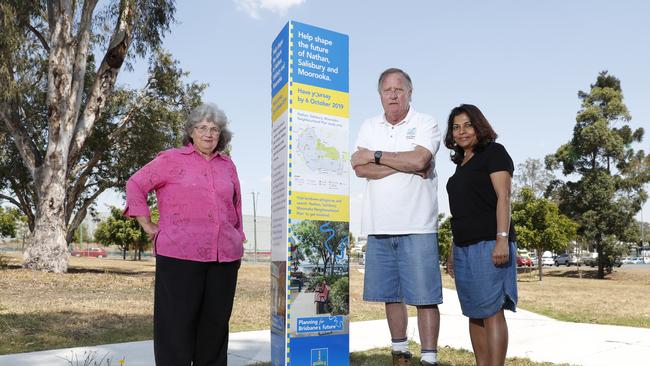 Moorooka residents and community representatives Barbara Ravenswood, Cec Fox, and Carolyn Vincent. (AAP Image/Regi Varghese)