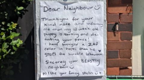 The note was posted in Sydney's eastern suburbs.