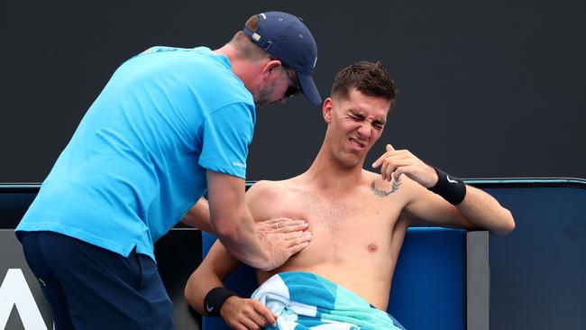 Thanasi Kokkinakis was forced to retire hurt in his opening round clash. (Photo by Michael Dodge/Getty Images)