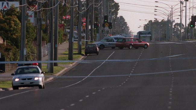 The scene on Warragul Rd looking towards Cohcranes Rd, Moorabbin, where police officers Gary Silk and Rodney Miller were shot dead. Picture: Andrew Batsch