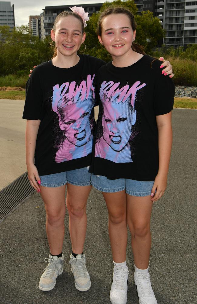 Socials at Pink convert at Townsville's Quensland Country Bank Stadium. Abby, 14, and Tylah Ritt, 11. Picture: Evan Morgan