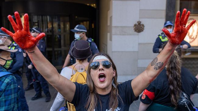 Lidia Thorpe protesting outside the British Consulate General office building in 2022 . Picture:Asanka Ratnayake/Getty Images