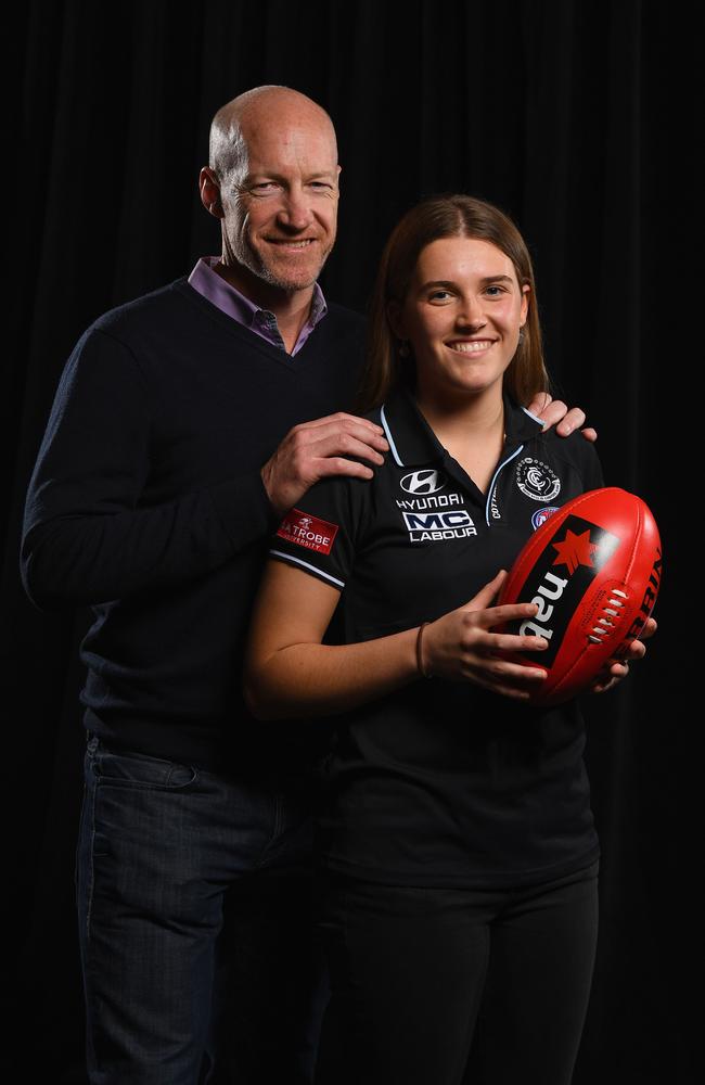 Abbie McKay with dad Andrew McKay during the 2018 AFLW Draft at Marvel Stadium last October. Picture: Quinn Rooney/Getty Images