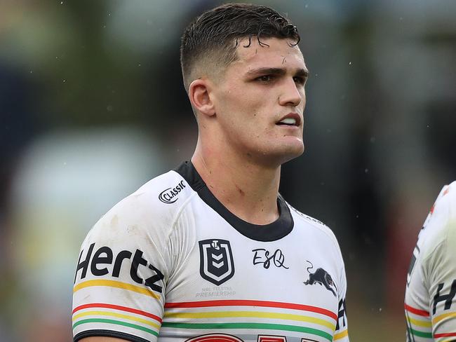 Penrith's Nathan Cleary looks on after a try by Parramatta's Michael Jennings during the Penrith Panthers v Parramatta NRL match at Panthers Stadium. Picture: Brett Costello