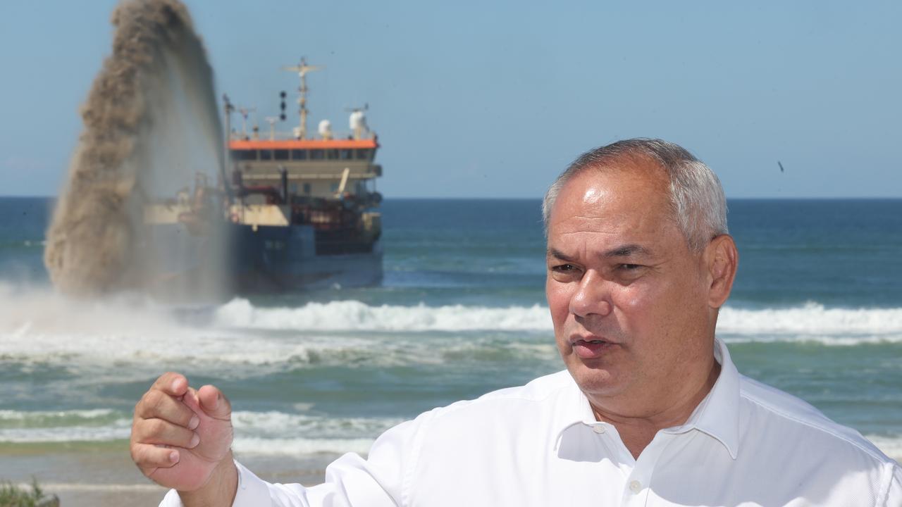 The dredge is back pumping off Surfers Paradise beach and is proving quite an attraction for holiday-makers as Mayor Tom Tate talks to media. Picture: Glenn Hampson