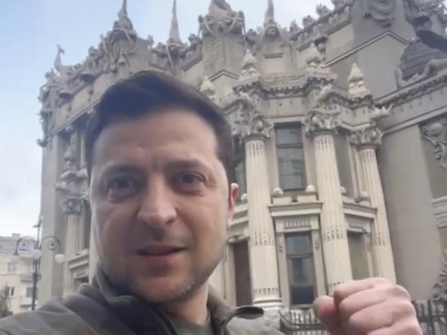 Ukraine president Volodymyr Zelensky addresses citizens from outside his office in Kyiv in a video posted to social media channels yesterday. Picture: AFP