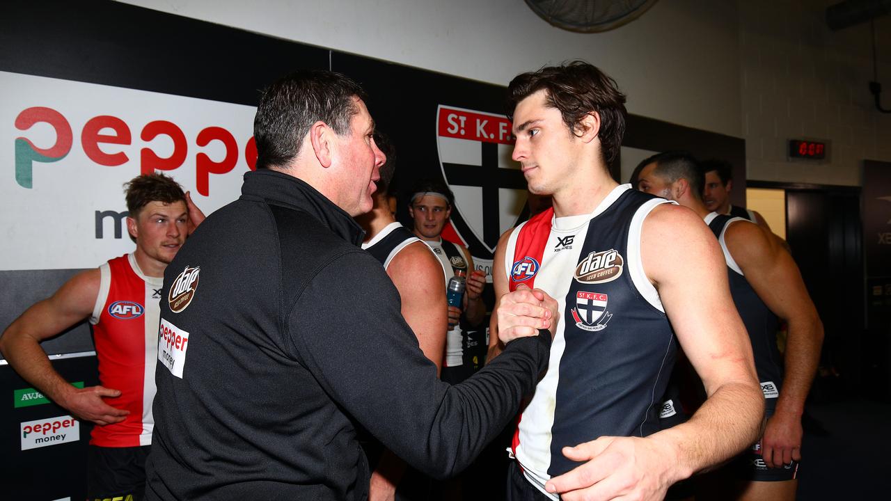 Brett Ratten congratulates Jack Steele after a game in July.