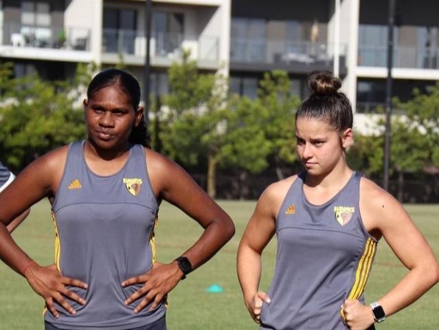 Buffettes stars Ashanti Bush and Dom Carbone at Hawthorn training back in January. Since then, Bush got picked up by Gold Coast in the 2021 AFLW Draft. Picture: Supplied