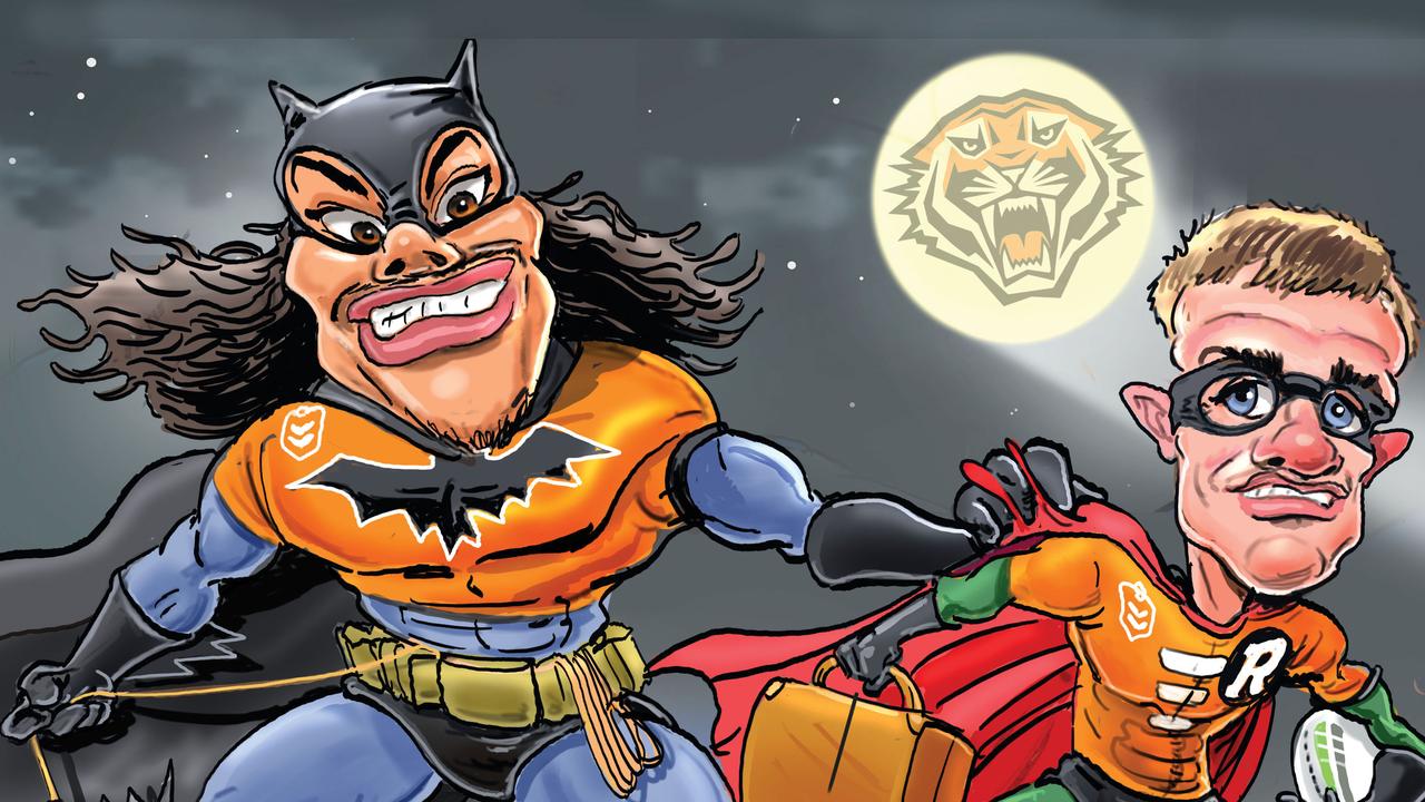 The Wests Tigers' potential dynamic duo, Jarome Luai and Lachlan Galvin. Artwork: Boo Bailey