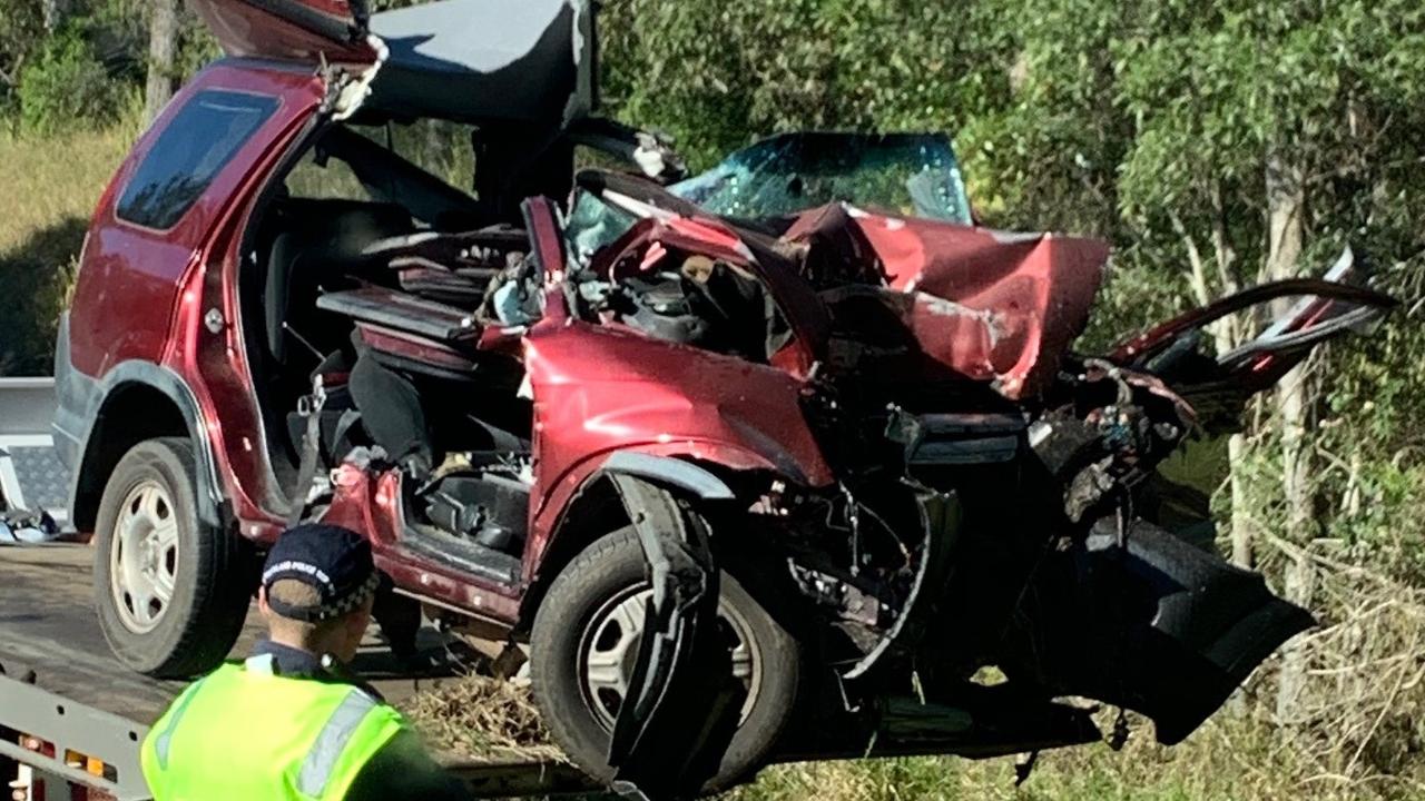 The scene of a serious crash where a driver whose car crashed into a tree was airlifted from Tin Can Bay Rd in August 2020.