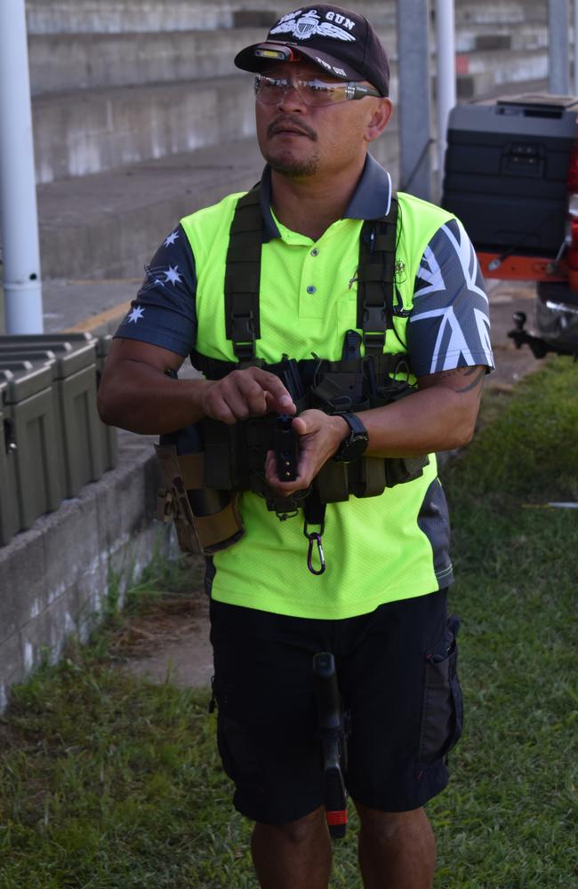 Adrenaline Games Qld owner Ren Pascual giving a gel blaster demonstration before the event begins. Photo: Janessa Ekert