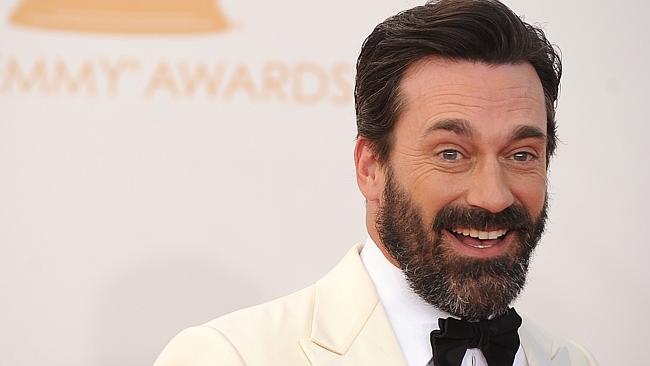 Jon Hamm arrives shows off his beard earlier in the night. Photo: AFP/Robyn Beck