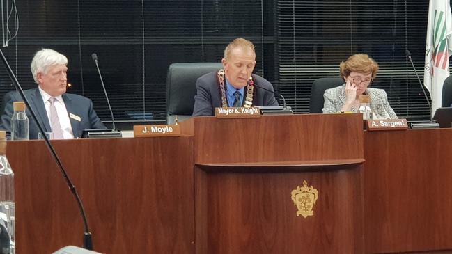 Tea Tree Gully Mayor Kevin Knight and chief executive John Moyle at a council meeting. Picture: Colin James