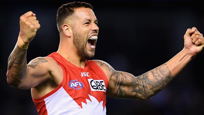 Lance Franklin celebrates Sydney’s win.