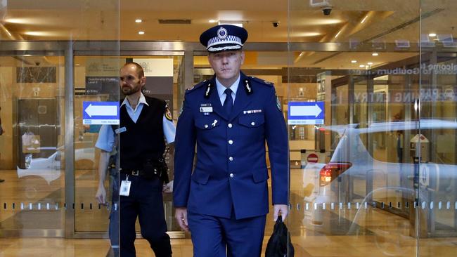 Assistant Commissioner Mick Fuller leaving the Lindt Cafe Siege Inquest today. He told the inquest it would have been too dangerous to blast through the glass to get at Monis. Picture: Craig Wilson