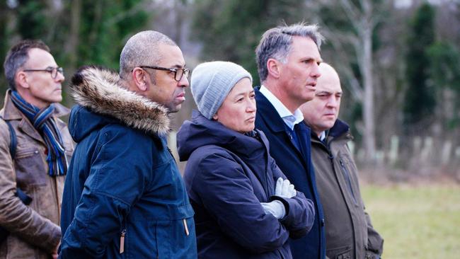 Britain's Foreign Secretary James Cleverly, Senator Wong, Mr Marles and Britain's Defence Secretary Ben Wallace met with the soldiers training Ukrainians. Picture: Ben Birchall / Pool / AFP