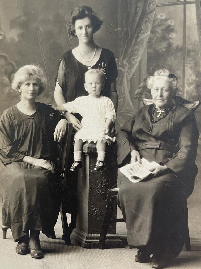 Catherine Erickson (centre, baby), with her mother, grandmother and great grandmother in 1924.