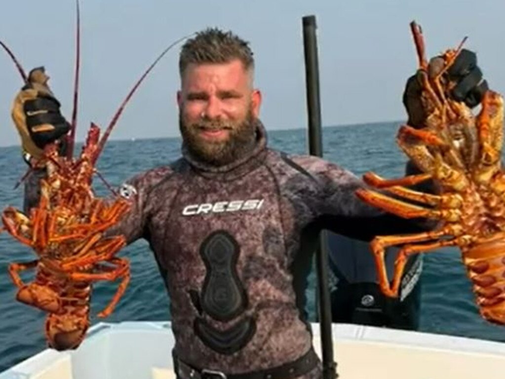 Sam Chapman and his diving companion Alex were diving for crayfish 11 kilometres off Cape Jaffa when they found themselves face-to-face with the three-metre predator. Picture: 9News