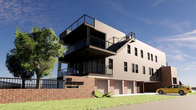 The rear of the property as it would look from Schnapper Rd of the three unit shop top housing building at 324 Ocean View Rd, Ettalong Beach. Picture: Supplied