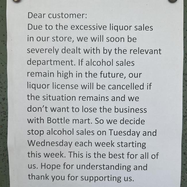 Wagait Beach Bottlemart has been forced to close two days a week due to the government-imposed 25 per cent cap on alcohol sales in small grocery stores. Picture: Supplied