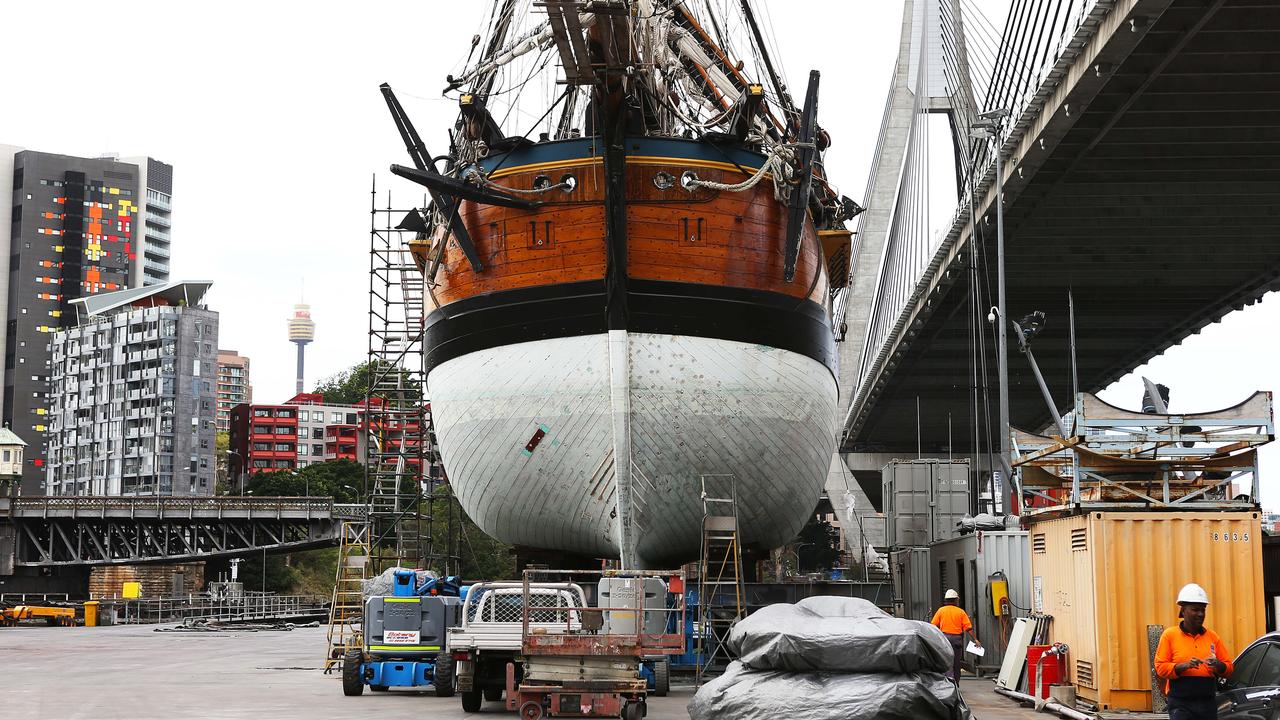 Endeavour dry dock in progress Ð Captain John Dikkenberg. Endeavour undergoing renovations at the Sydney City Marine dry dock in Rozelle, under the ANZAC bridge.