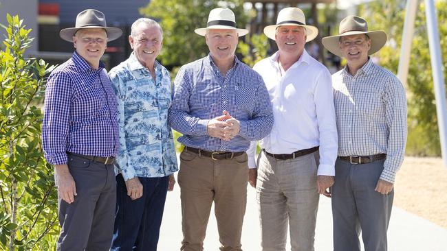 Robert Flipp, pictured second from the right, with Kevin Covey, Peter Shadforth, Mayor Mark Jamieson and then councillor Steve Robinson at the handover of Parklakes 2 Central Park to council.