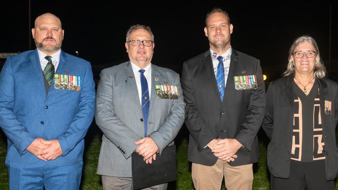 Quin OConnell, Rod Francisco , Shawn Brinkies and Andrea Braeckmans 5am ANZAC Day Walkerston Friday 25 April 2025 Picture:Michaela Harlow