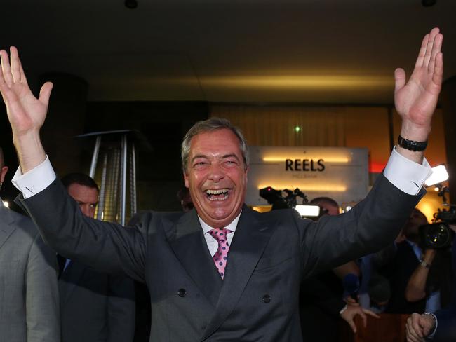 Leader of the United Kingdom Independence Party (Ukip) Nigel Farage reacts at the Leave.EU referendum party at Millbank Tower in central London.