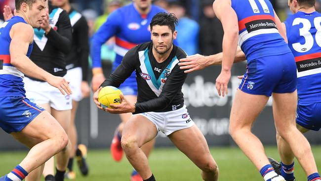 Port Adelaide midfielder-forward Chad Wingard could join the Western Bulldogs pack next season if the ‘Dogs offer a seven-figure salary to open a trade deal with the Power this month. Picture: Julian Smith