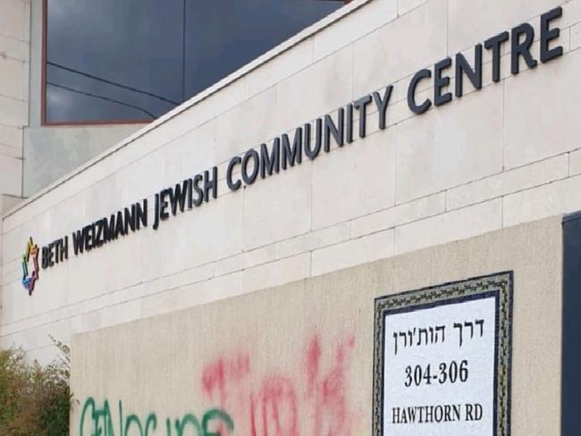 Caulfield's Beth Weizmann Jewish Community Centre was vandalised for the second time in two months on Saturday evening following a wave of anti- Semitic attacks in Victoria. Picture: Jewish Community Council of Victoria