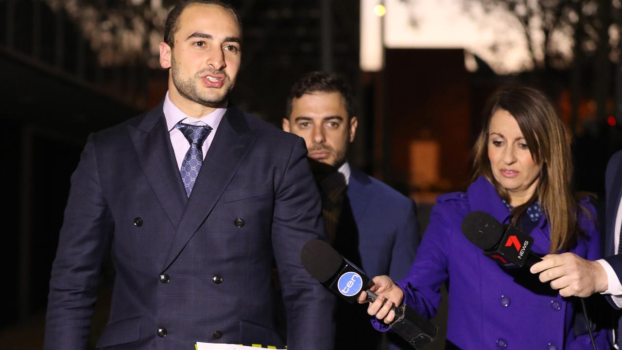 Salim Mehajer’s legal team talking to the press on Friday evening outside Bankstown Court. Picture: Chris Pavlich.