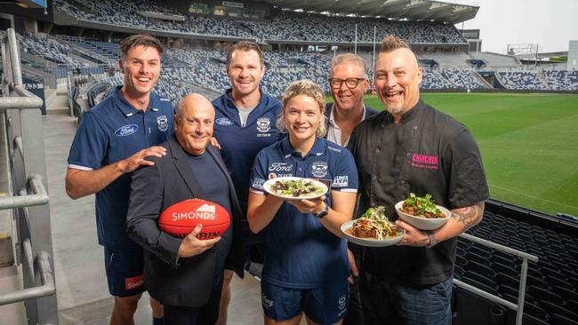 Welcome to Club Chin Chin — a pop-up restaurant opening at GMHBA Stadium — that’ll be frequently visited by Cats players Ollie Henry, Patrick Dangerfield, Georgie Prespakis, Geelong Cats CEO Steve Hocking, restaurateur Chris Lucas and chef Benjamin Cooper. Picture: Brad Fleet