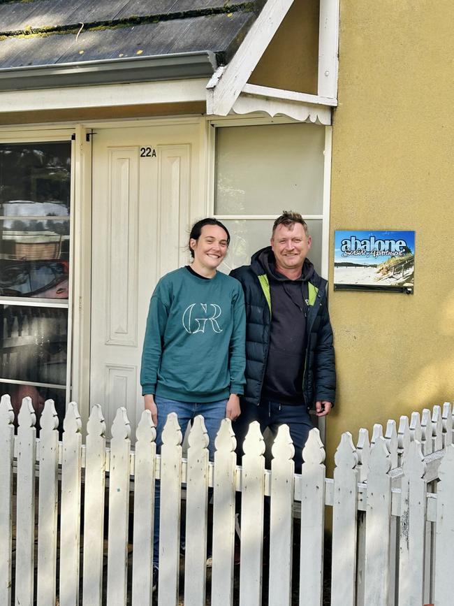 Casey O'Keefe and his fiancee Caitlin Kavanagh out the front of their airbnb property. Picture: Supplied