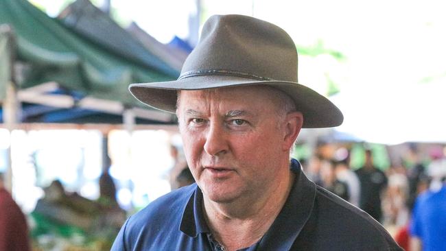 Opposition Leader Anthony Albanese at Darwin's Rapid Creek Markets on Sunday. Picture: Glenn Campbell