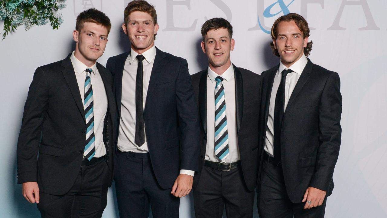 Dylan Williams, Mitch Georgiades, Zak Butters and Francis Evans at the Port Adelaide AFL and AFLW best and fairest at the Adelaide Convention Centre, DECEMBER 5, 2022: Picture: Brenton Edwards