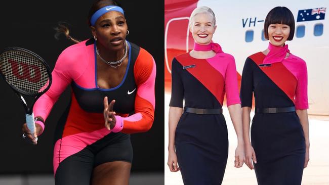 Serena Williams at the Australian Open in an outfit that bears a striking resemblance to a Qantas cabin crew member. Picture: Twitter