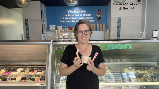 Co-owner of Divine Gelato Claudia Martius with sustainable packaging. Picture: Andreas Nicola