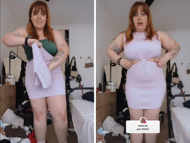 Fans have expressed their confusion over an “awkward” feature on one of the dresses from Abbie Chatfield’s new clothing brand. Picture: TikTok