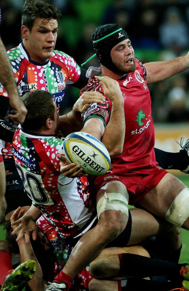 Liam Gill gets tackled in the clash with the Rebels last month. Picture: Colleen Petch