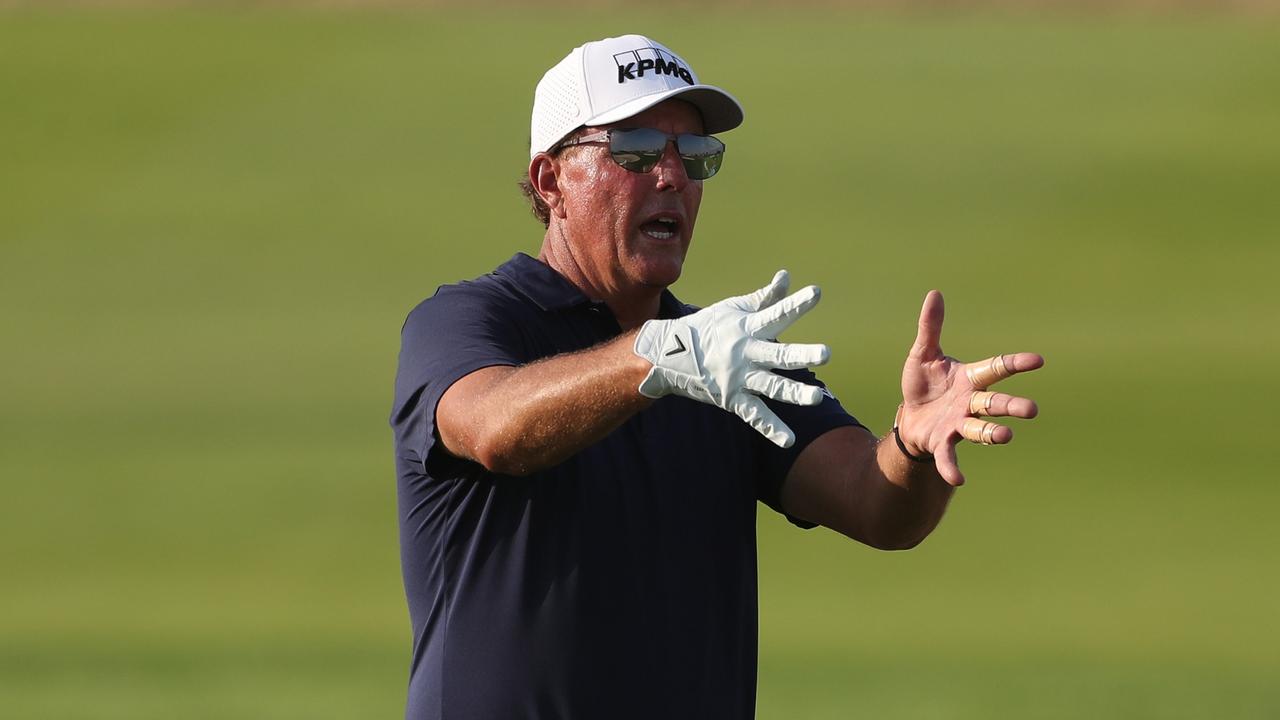 AL MUROOJ, SAUDI ARABIA - FEBRUARY 03: Phil Mickelson of The USA on the 18th fairway during day one of the PIF Saudi International at Royal Greens Golf &amp; Country Club on February 03, 2022 in Al Murooj, Saudi Arabia. (Photo by Oisin Keniry/Getty Images)