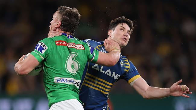 Jack Wighton escape punishment for a horror head slam on Mitch Moses. Picture: Mark Kolbe/Getty