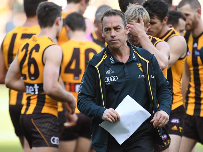 Coach of the Hawks Alastair Clarkson is seen during the Round 17 AFL match between the Geelong Cats and the Hawthorn Hawks at the MCG in Melbourne, Saturday, July 15, 2017. (AAP Image/Julian Smith) NO ARCHIVING, EDITORIAL USE ONLY