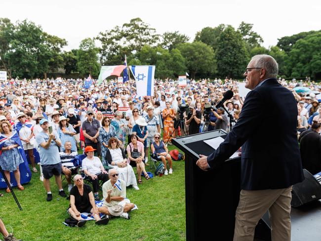 Scott Morrison speaking at the Never Again is Now rally in The Domain. Picture: NCA NewsWire / David Swift