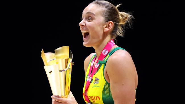 LEEDS, ENGLAND - JANUARY 28: Liz Watson of Australia celebrates with the Vitality Netball Nations Cup trophy following victory in the Vitality Netball Nations Cup Final match between England Vitality Roses and Australia Origin Diamonds at First Direct Arena on January 28, 2024 in Leeds, England. (Photo by George Wood/Getty Images)