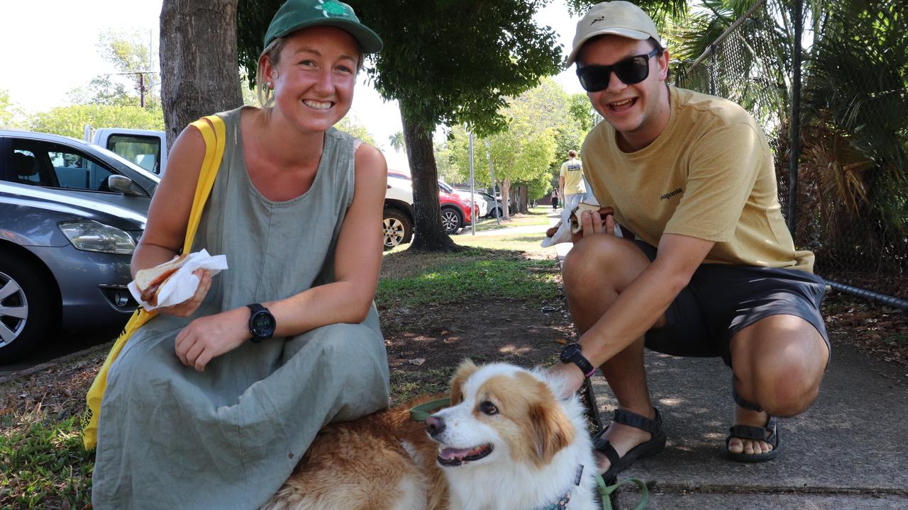 Maddy Hunt, 29, Leo, and Tim Brown, 29 outside Fannie Bay voting booth. Picture: Monique Van Der Heyden