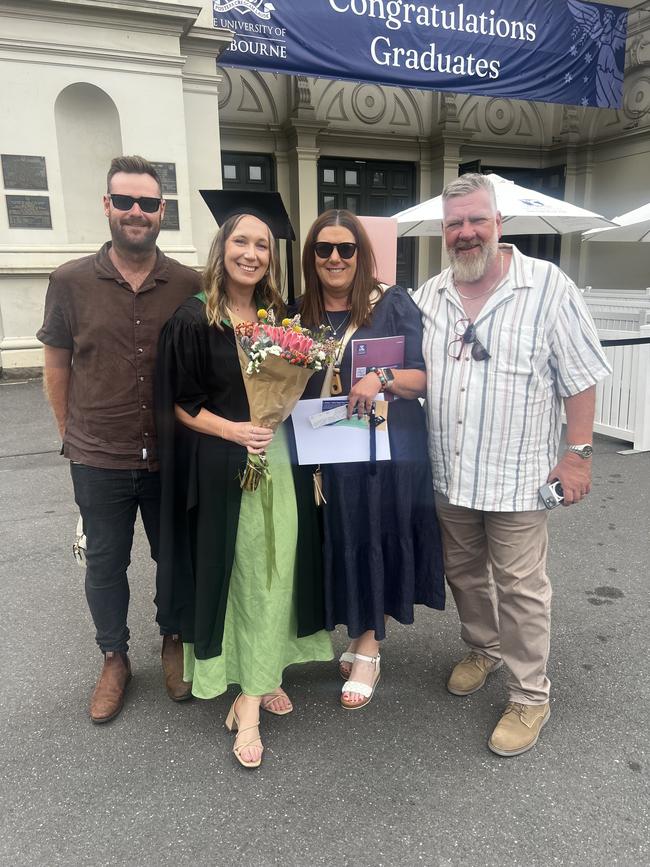 Thomas Grey, Chantal Disco (Master of Education specialising in Wellbeing) Christine Disco and Mike Disco at the University of Melbourne graduations held at the Royal Exhibition Building on Saturday, December 14, 2024. Picture: Jack Colantuono